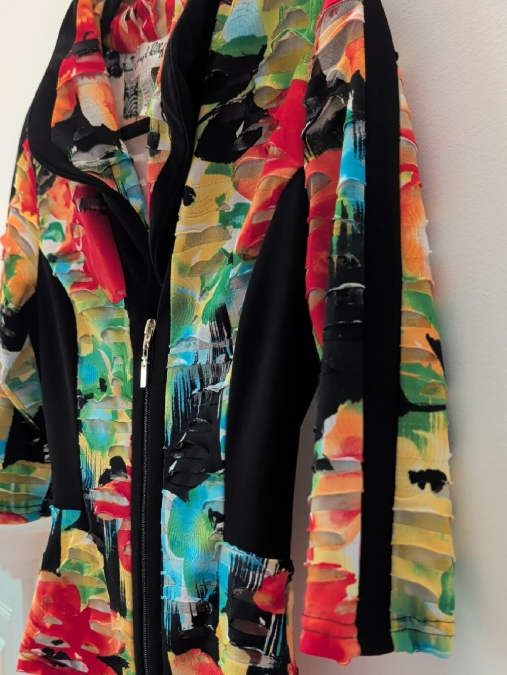 Joseph Ribkoff Multicolor Abstract Zip Jacket with Black Panels - Picture 3 of 5